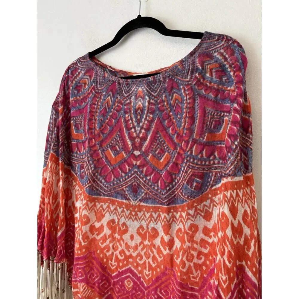 Chico's Phoebe Poncho Linen Semi Sheer Beaded Fringe Southwestern Cowgirl Sz OS - Picture 3 of 7